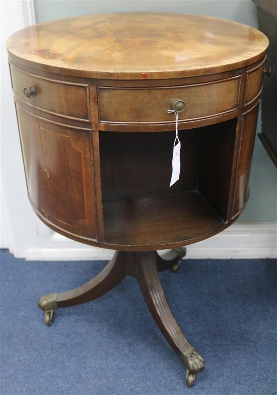 A Regency style banded mahogany drum top book table, H.76cm